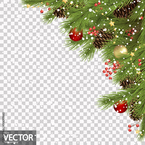 decorated christmas fir branches concept with snow fall