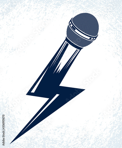 Microphone in a shape of lightning, mic like a bolt, breaking news concept, rap battle rhymes music, karaoke singing or standup comedy, vector logo or illustration.