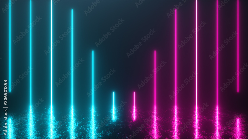 Futuristic scene with bright neon tubes descending into an iron metal floor with reflections and scratches. Blue violet color spectrum. 3d illustration Futuristic scene with bright neon tubes descending into an iron metal floor with reflections and scratches. Blue violet color spectrum. 3d illustration