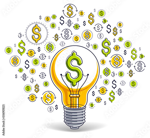 Shining light bulb and set of dollar icons, business idea creative concept, e-commerce allegory, internet business, marketplace or online shop, vector illustration.