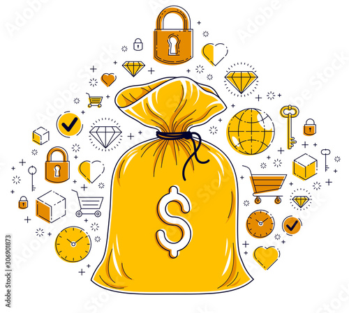 Money bag and icon set vect...