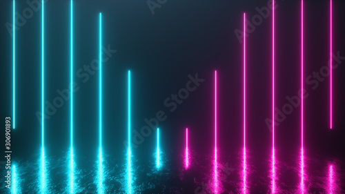 Photo Futuristic scene with bright neon tubes descending into an iron metal floor with reflections and scratches