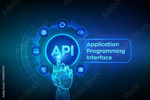 API. Application Programming Interface, software development tool, information technology and business concept on virtual screen. Robotic hand touching digital interface. AI. Vector illustration.