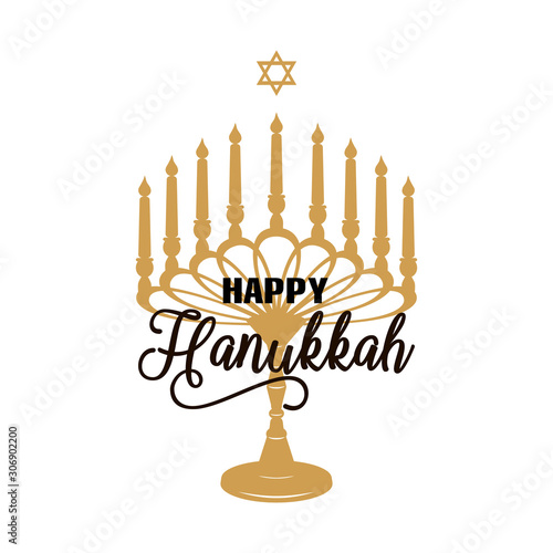 Hand drawn Happy Hanukkah lettering typography poster. Celebration text isolated background. Postcard, icon, logo, badge. Vector vintage style calligraphy. Festive greeting card template Menorah