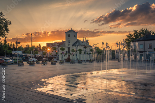 Sunset over the main square in Piaseczno city, Poland photo