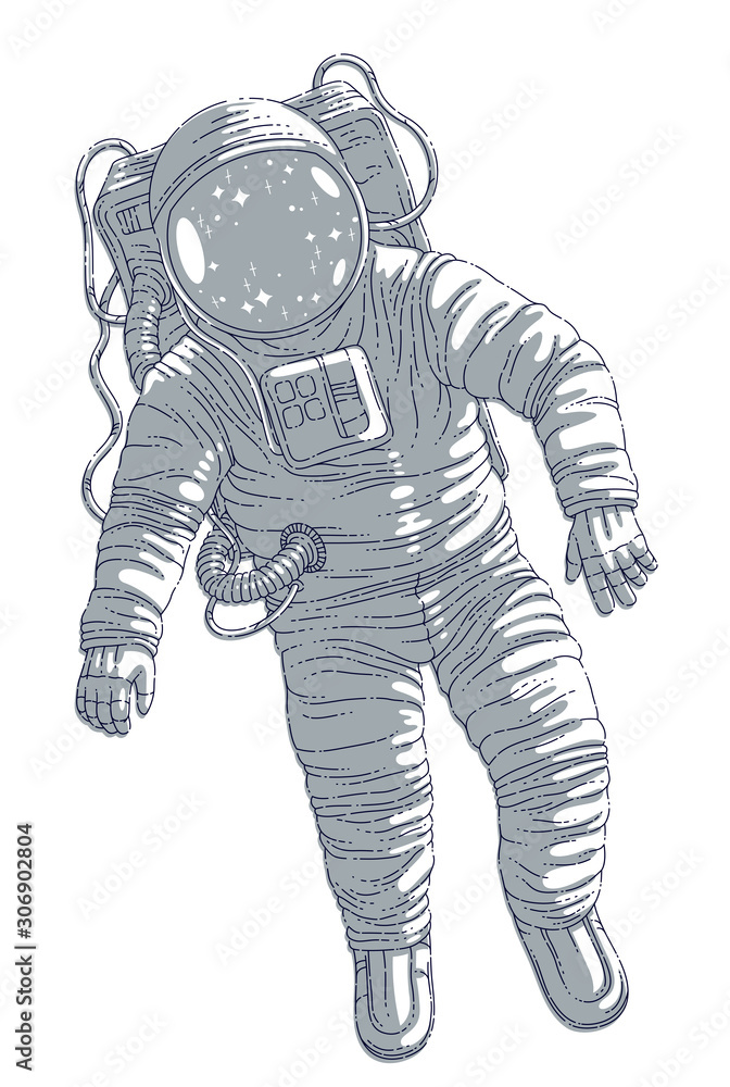Astronaut in spacesuit floating in weightlessness, spaceman in open space realistic vector illustration isolated over white background. Astronaut in spacesuit floating in weightlessness, spaceman in open space realistic vector illustration isolated over white background.