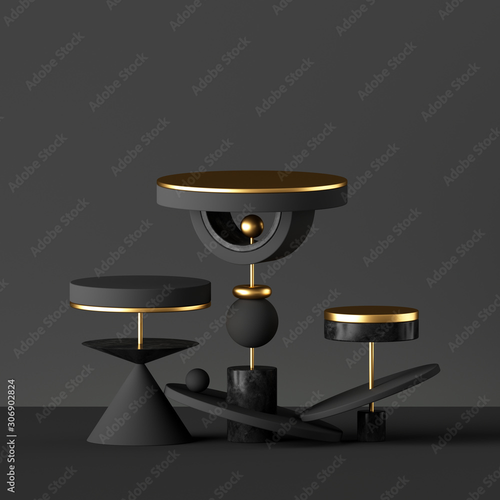 3d render, abstract minimal black background with golden elements. Primitive isolated geometrical shapes. Cone ball cylinder torus, blank pedestal or podium. Constructor toys. Modern urban concept 3d render, abstract minimal black background with golden elements. Primitive isolated geometrical shapes. Cone ball cylinder torus, blank pedestal or podium. Constructor toys. Modern urban concept