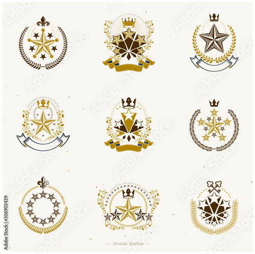 Pentagonal Stars emblems set. Heraldic Coat of Arms, vintage vector logos collection.