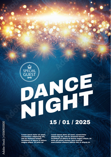 Dance night. Music fest poster template with shining fireworks. Show, exhibition, competition, birthday party flyer design.