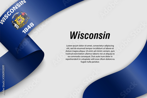 Waving ribbon or banner with flag wisconsin