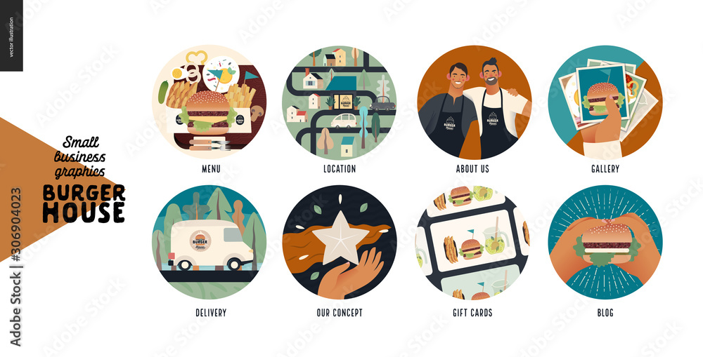 Burger house - small business graphics -modern flat vector concept illustration of website template elements -icons menu, location, about us, gallery, delivery, concept, gift cards, blog Burger house - small business graphics -modern flat vector concept illustration of website template elements -icons menu, location, about us, gallery, delivery, concept, gift cards, blog