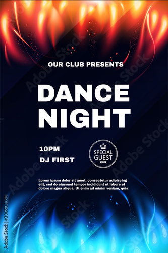 Dance night fest poster template with red and blue burning fire. Show, exhibition, competition, birthday and dance party flyer design.