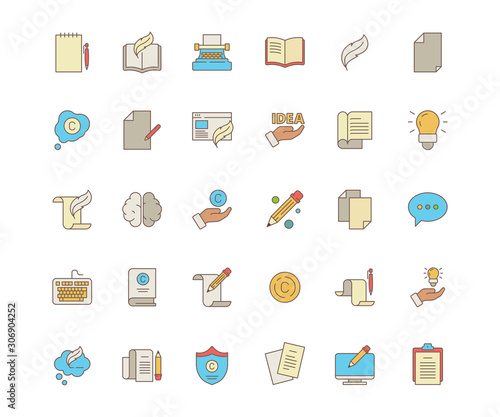 Copywriting symbols. Identity writers pen blog coding social content service production books letters articles vector flat colored icon. Illustration of copywriting production, content blog