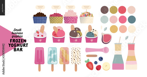 Frozen yoghurt bar - small business graphics - shop elements -modern flat vector concept illustrations - pavement stand, logo, blackboard, branded bag, menu, table, plants, posters, cash register