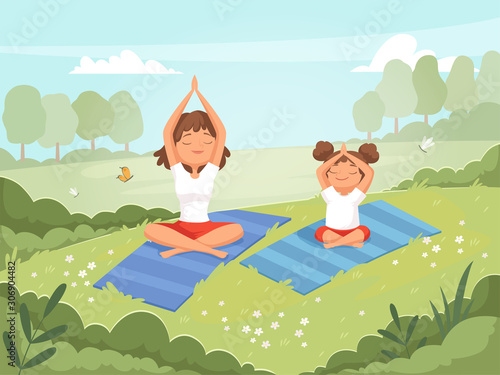 Family yoga. Mother and daughter making exercises outdoor in the park yoga fitness training skills vector cartoon background. Daughter with mother do yoga, sport and fitness