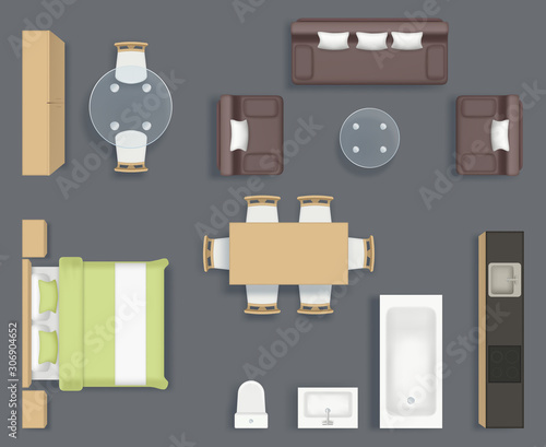 Furniture top view. Kitchen bathroom and living room interior objects chair couch table planning realistic pictures collection. Illustration furniture bathroom and sofa, interior top