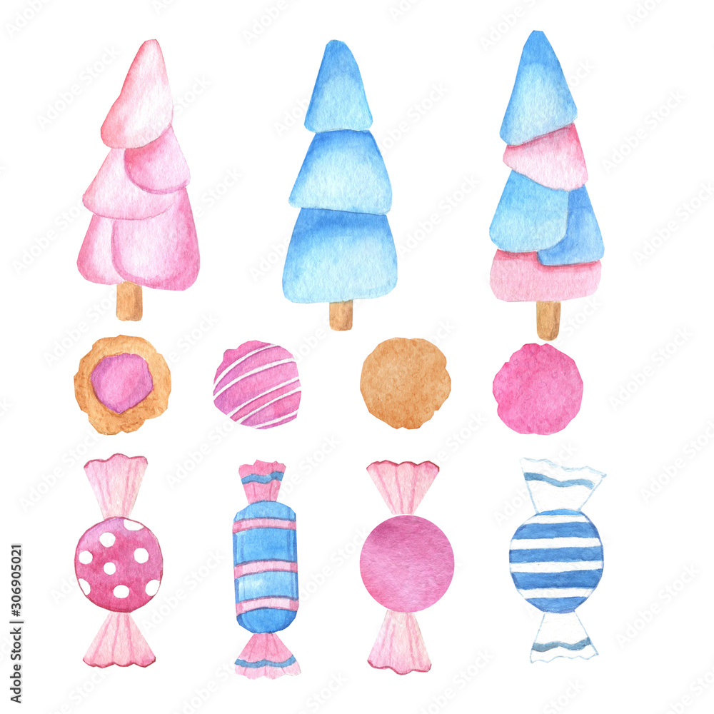  Set of bright holiday sweets. Watercolor illustration. Holiday treat.