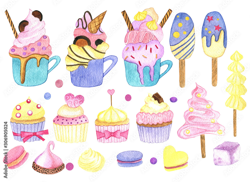 Set of bright holiday sweets. Watercolor illustration. Holiday treat. Set of bright holiday sweets. Watercolor illustration. Holiday treat.