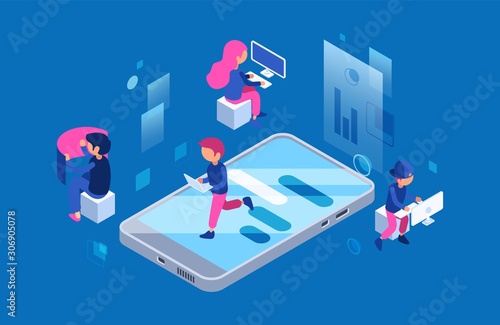 Web developers at work. Female and male IT workers with computers and smartphone vector concept. Illustration development and programming team