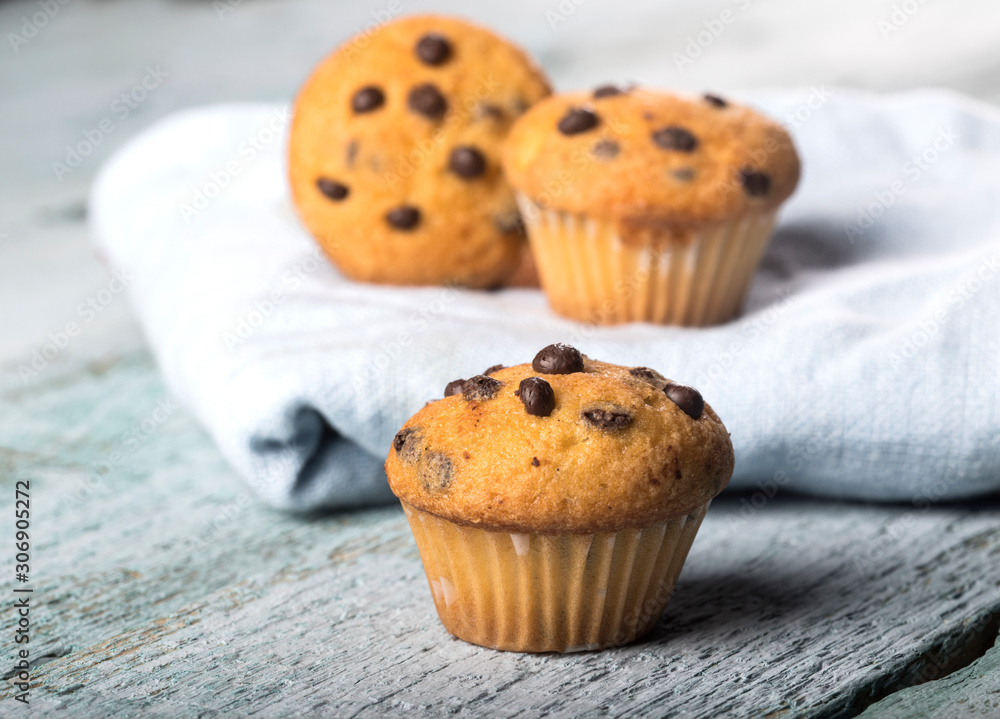 Chocolate vanilla fresh delicious muffins on blue wooden background Chocolate vanilla fresh delicious muffins on blue wooden background