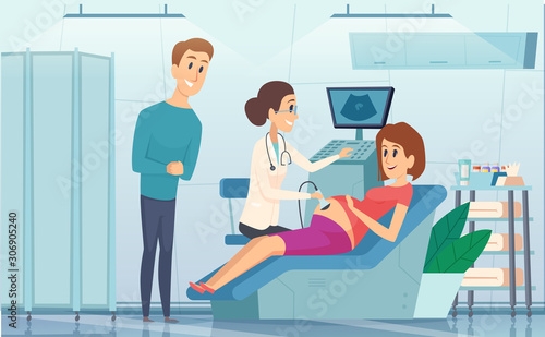 Care pregnancy. Happy family couples clinic at doctor consultant baby scanning sonogram pregnant examination person vector background. Scan pregnant patient and examination female illustration
