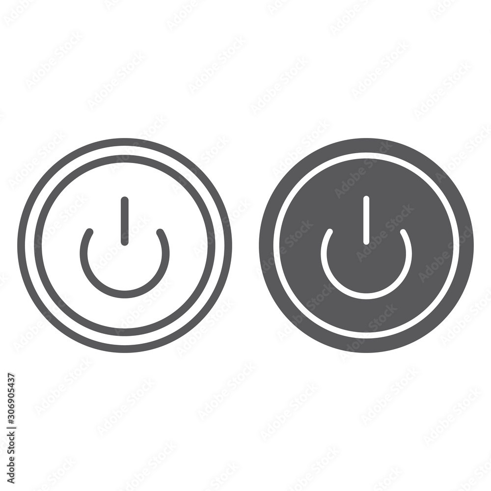 Computer power button line and glyph icon, switch and computer, on off sign, vector graphics, a linear pattern on a white background. Computer power button line and glyph icon, switch and computer, on off sign, vector graphics, a linear pattern on a white background.
