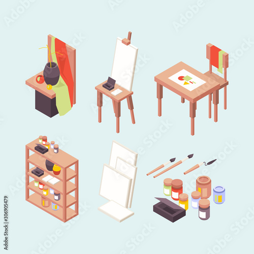 Art studio. Professional artists designers creators items easels brushes paints podium working place vector isometric. Professional art studio, paint isometric school illustration