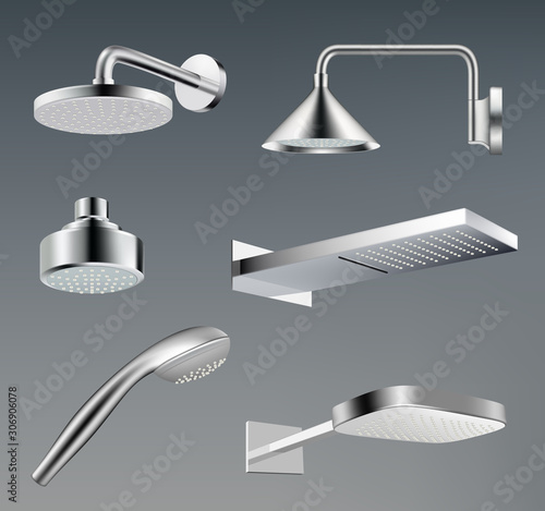 Shower heads. Metallic accessories for bathroom water shower vector realistic template. Illustration realistic bathroom chrome metal shower