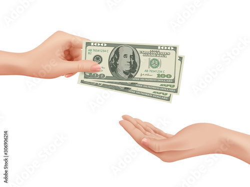 Hand money. Business woman take dollars buying make a deal paying deposit change cash vector realistic concept. Illustration finance pay, money cash payment, salary or buy