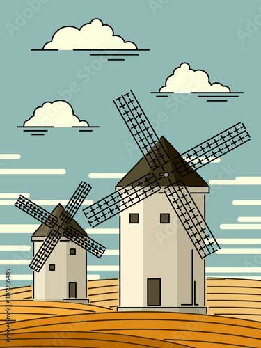 Simple cartoon illustrations of windmills at blue sky.
