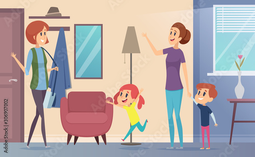 Nanny. Joyful preschool kids invite babysitter teacher and playing together in childrens room vector cartoon background. Illustration child care by babysitter, preschool teacher and educator