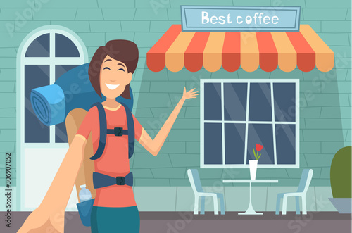 Travel blogger. Girl making digital content caffe review online displaying modern buildings teaching vector entertainment concept. Blogger about travel, blog video for social media illustration