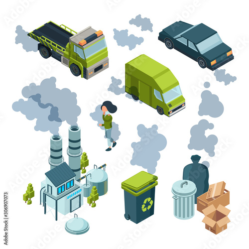 Air pollution isometric. Factory bad environment chemical garbage urban vehicle trash vector isometric. Illustration pollution air and smokestack