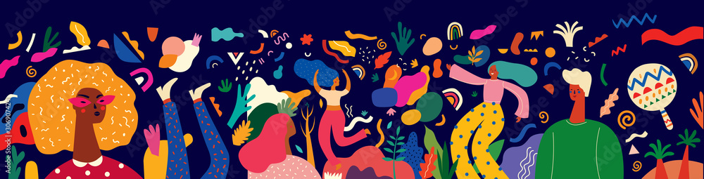 Beautiful holiday vector illustration with dancing people. Design for holiday celebration, Brazil Carnival or party 