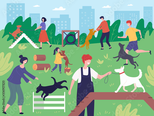 Walking with dogs in park. People playing running outdoor with domestic animals dogs puppies vector background. Illustration park dog, train and walk