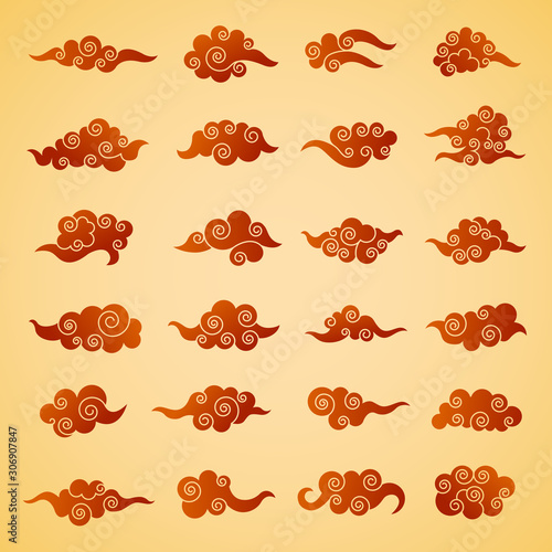 Chinese clouds. Graphic symbols in oriental style asian traditional objects vector set. Illustration red cloudy japan, illustration of oriental cloud