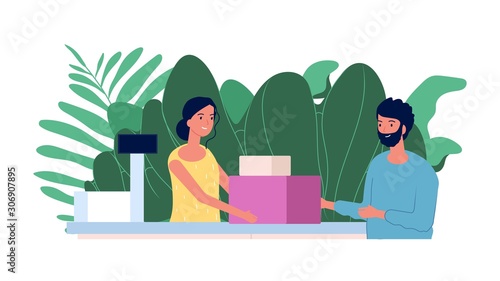 Customer and cashier. Shopping concept. Flat man makes purchases at checkout. Smiling cashier girl, store vector illustration. Woman cashier in store, customer with purchase