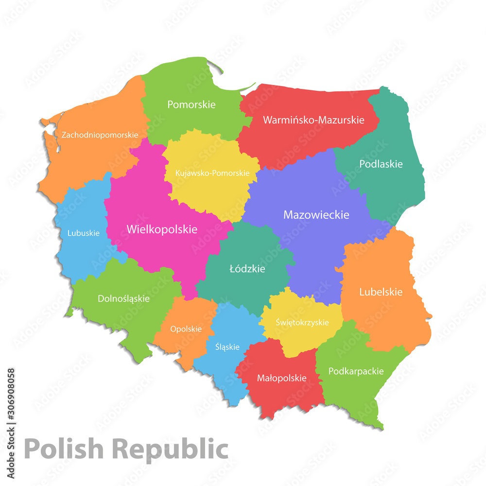 Poland map, administrative division Polish Republic, separate individual states with state names, color map isolated on white background vector