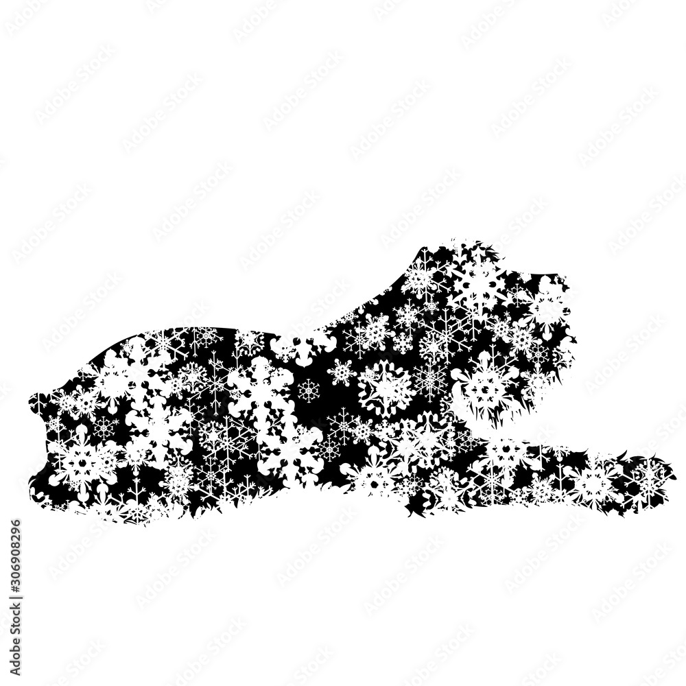 Vector silhouette of snowy dog on white background. Symbol of winter, pet, puppy, home, animal, season, snow, cold, snowflake, Christmas, frost. Vector silhouette of snowy dog on white background. Symbol of winter, pet, puppy, home, animal, season, snow, cold, snowflake, Christmas, frost.