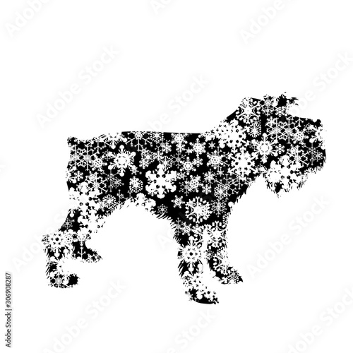 Vector silhouette of snowy dog on white background. Symbol of winter  pet  puppy  home  animal  season  snow  cold  snowflake  Christmas  frost.