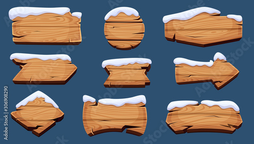 Winter sign boards. Wooden season banners with snow cap vector christmas decoration. Billboard and signboard, guidepost collection illustration