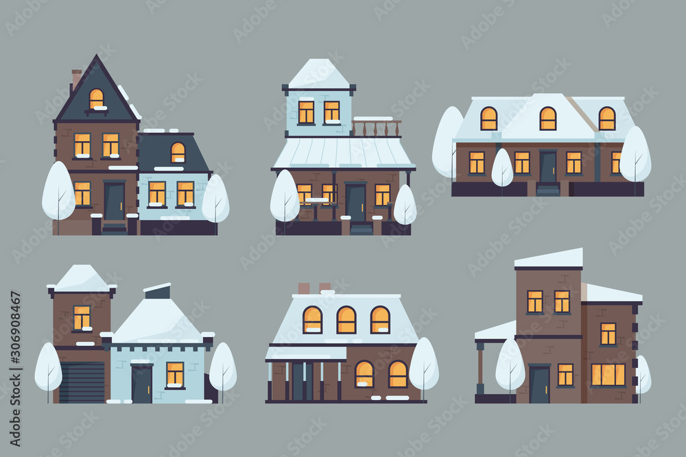 Winter houses. Cute buildings with season snow caps frozen urban architecture cold city vector flat collection. Set of houses with cap of snow landscape illustration Winter houses. Cute buildings with season snow caps frozen urban architecture cold city vector flat collection. Set of houses with cap of snow landscape illustration