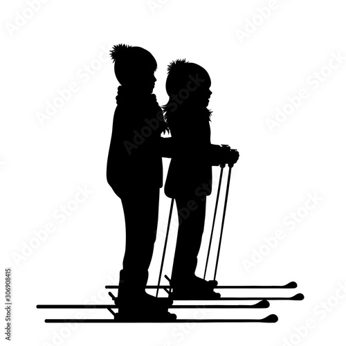 Vector silhouette of children who skiing on white background. Symbol of winter, child, boy, sport, girl, friends, season, snow, cold, Christmas, frost.