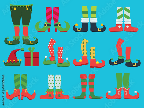 Xmas shoes. Fairytale elf boots and leggings santa boy legs and shoe vector christmas collection. Illustration elf xmas shoes and leggings costume pants
