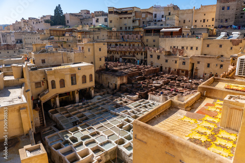 Panorama of Chouara tannery in old medina in Fes, a traditional and old tannery with workers working making methods of leather in the city Fes, Morocco