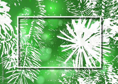 Fototapeta Naklejka Na Ścianę i Meble -  Silhouette of a Christmas tree branch on a bright colored background, glare, sparkle. Festive background for your design. Place for text.