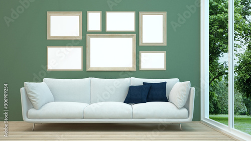 Living room in home or villa and nature view - Relax area in living room and forest view background - Showroom design for residential artwork - 3D Rendering