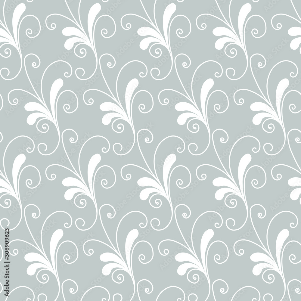 Seamless floral pattern, white contour flowers on grey background. Vintage ornament with leaves and whorls. Design for web page, textures, card, poster, fabric, textile.