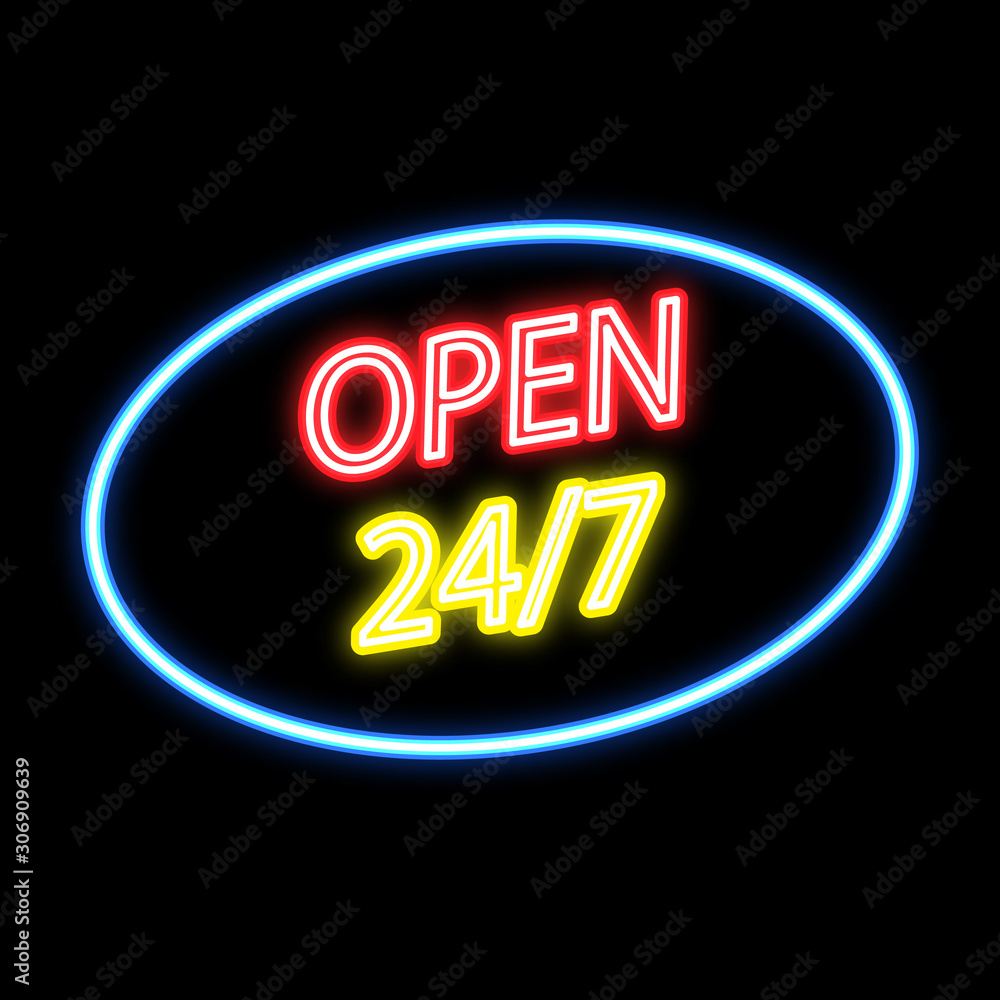 Open 24/7 neon sign on a black background. Vector illustration . Open 24/7 neon sign on a black background. Vector illustration .