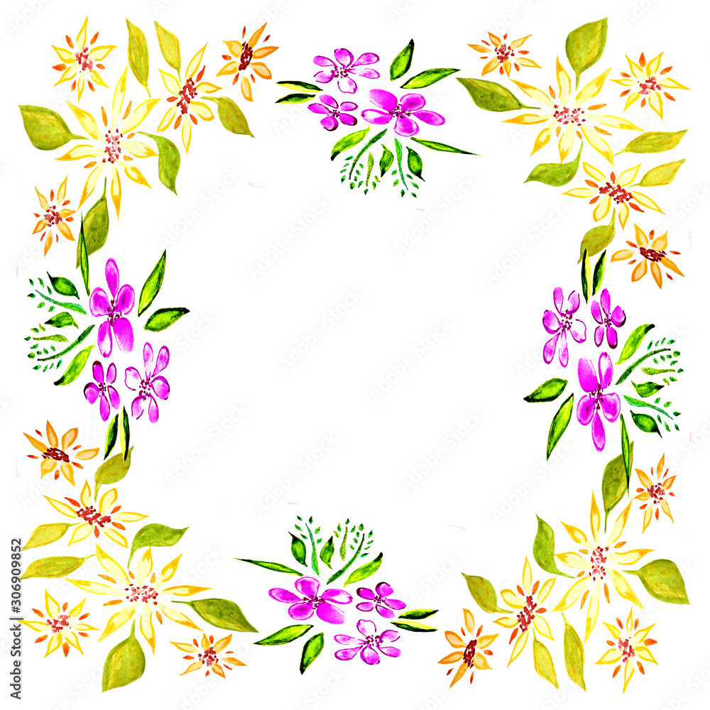 Watercolor hand drawing floral frame.